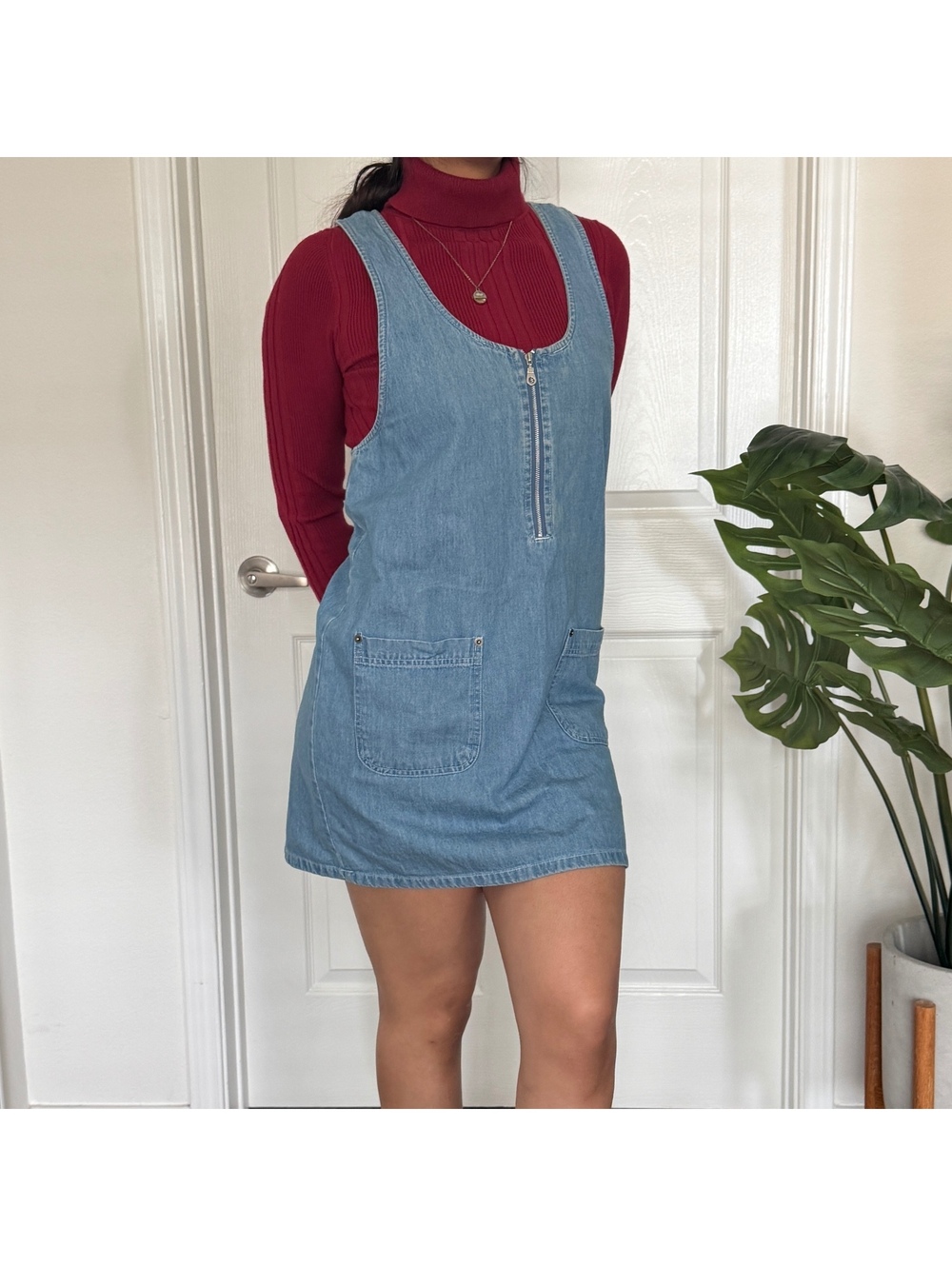 Vintage 90s Denim Women's Sleeveless Zip Up Dress with Pockets Size Small